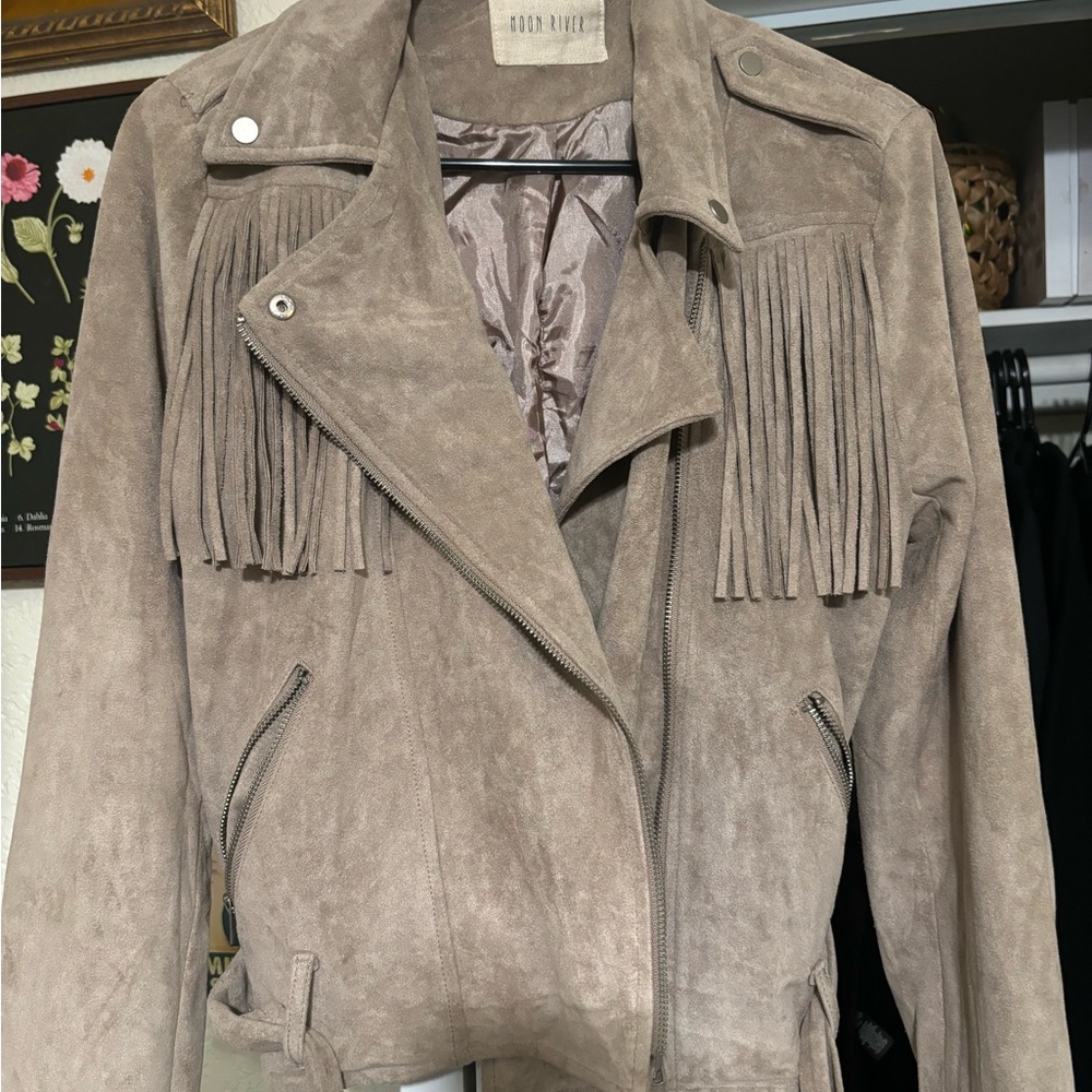 Moon River Taupe Suede Fringe Jacket